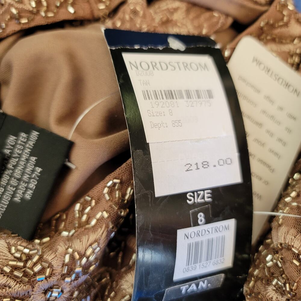 Pisarro Nights Beaded Sequin Embroidered Cocktail Dress Long Sleeve Tan Size 8 - Picture 12 of 12